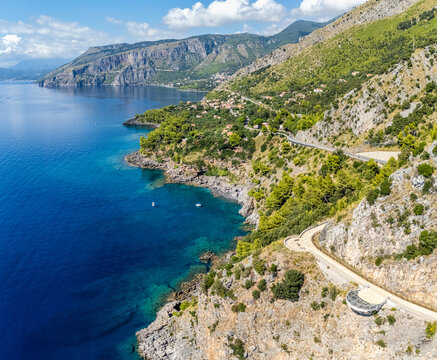 Scenic panoramic coastal view near Maratea, in the Basilicata region of Italy.