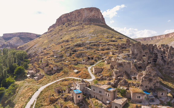 Aerial View of Soganli Valley in Yesilhisar Kayseri Turkey with Ancient Rock Churches Fairy Chimneys and Byzantine Heritage