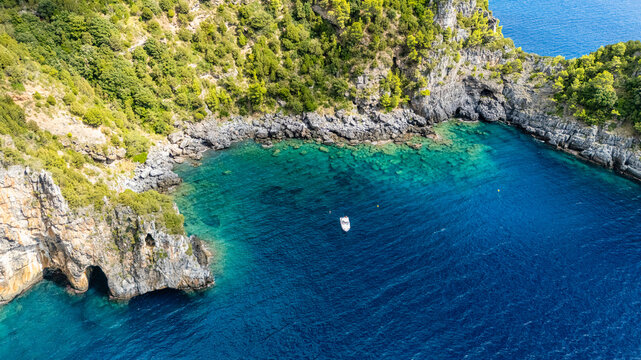 Scenic panoramic coastal view near Maratea, in the Basilicata region of Italy.