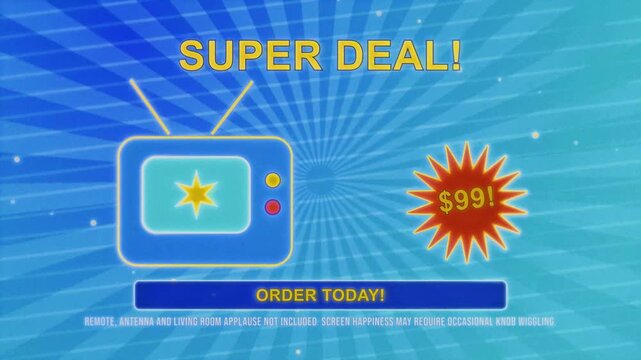 Nostalgic 1990s television commercial animation featuring super deal with TV set icon and price tag. Blue radial burst with order today call-to-action. Retro aesthetic. Funny ironic legal disclaimer.
