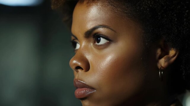 A focused woman with a determined expression looking off into the distance.