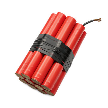 Bundle of red dynamite sticks secured with black tape and a fuse during studio lighting isolated on transparent background