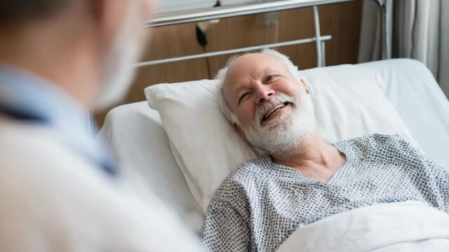 Senior man smiles in hospital bed. Doctor leans near, attentive and kind. Patient looks calm and content. Bright room with soft lighting. Medical setting, quiet, healing