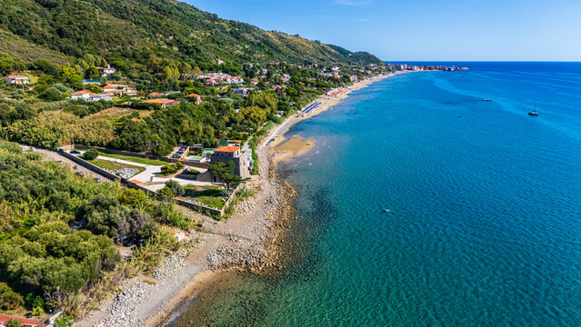 Panoramic summer view of Acciaroli coastline, Cilento region, Campania, Italy.