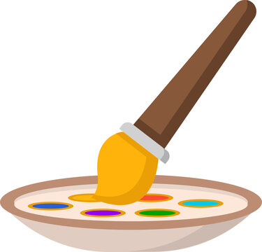 Artistic tools including paint brush resting near colorful palette inspire creativity, learning, visual expression.