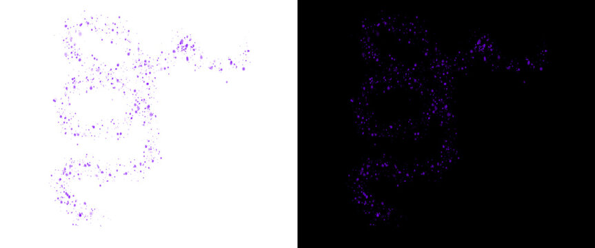 Purple glitter dust trail on white and black background, magic sparkling particles in swirling motion, glowing violet stardust effect for design