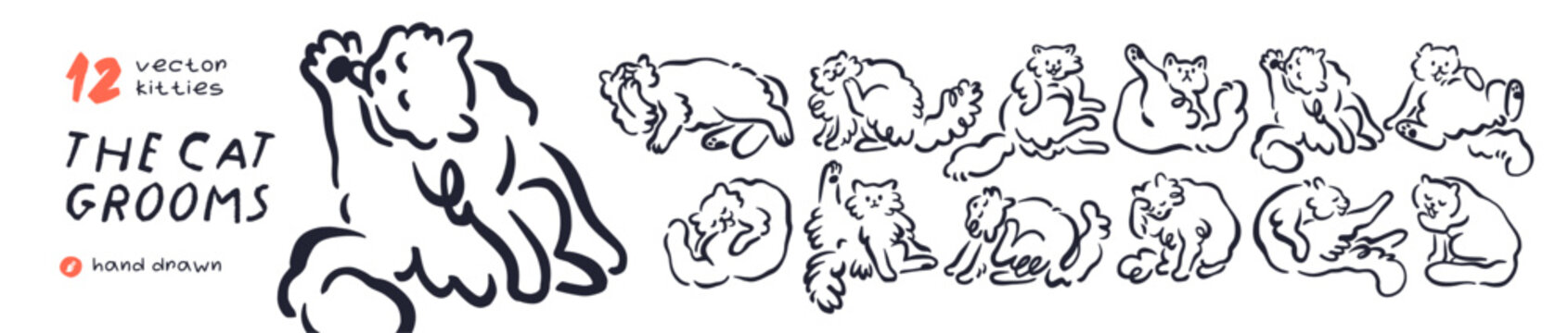 Cat grooming itself, set. Outline kitties washing, licking fur, cleaning paw with tongue in funny poses. Felines self groom. Hand-drawn doodle vector illustrations isolated on a white background