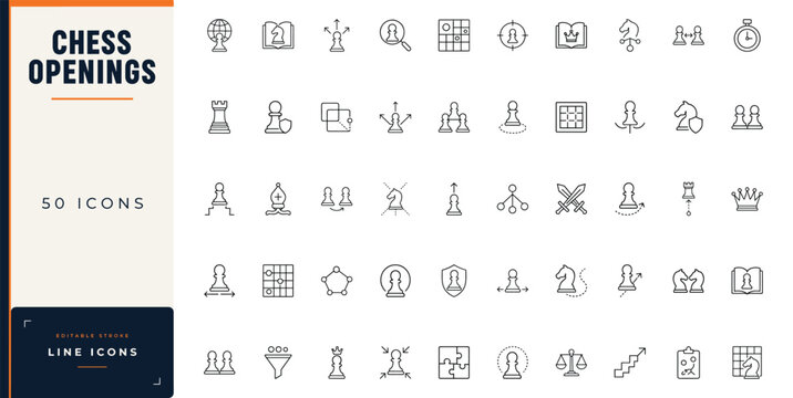 Chess openings line icon set featuring board game strategy, tactical moves, chess pieces, pawns, knights, and competitive play concepts