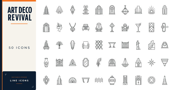 Art Deco revival line icon set featuring vintage architecture, geometric patterns, interior furniture, classic transport, and 1920s fashion elements