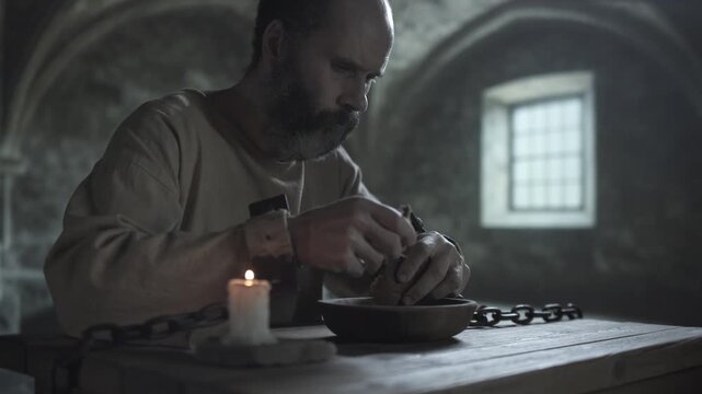 Gloomy cell inmate locked in iron shackles breaking bread over a rustic bowl, eating a broken piece while sitting at a rough wooden table next to a burning candle, inside a dark stone dungeon