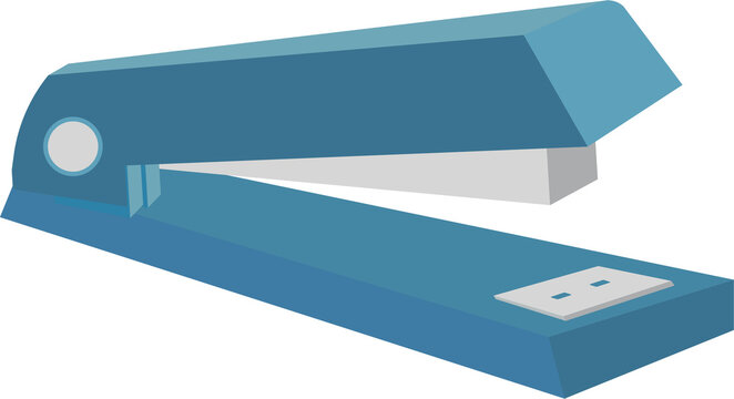Blue office stapler with staples rests on white background, representing organization, paperwork, and efficient document fastening.