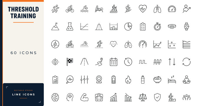 Threshold training line icon set featuring running, cycling, swimming, heart rate monitoring, performance analytics, and fitness progress