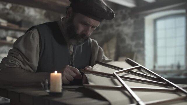 Medieval master winding a thread around an ornithopter wing tip for fixing fabric, on a rustic table next to a burning candle inside a dimly lit workshop