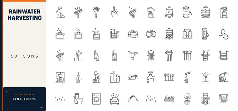 Rainwater harvesting line icon set featuring water collection systems, storage tanks, gutters, filters, pumps, and sustainable irrigation methods
