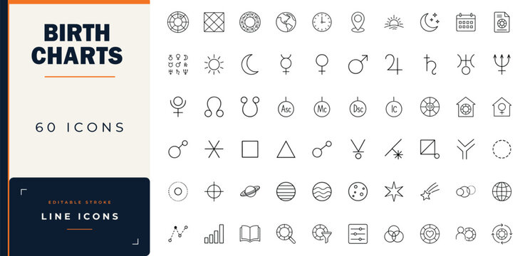 Birth charts and astrology line icon set featuring zodiac signs, planetary symbols, astrological aspects, houses, horoscopes, and celestial bodies