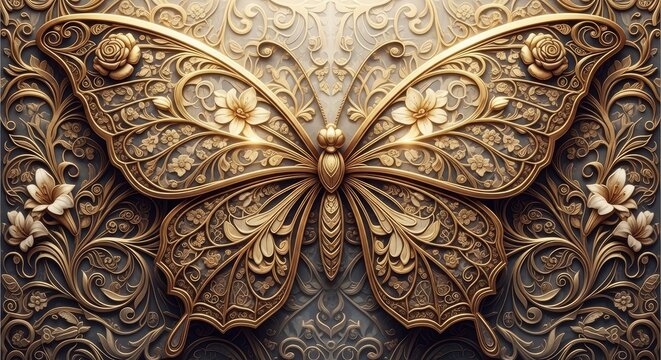 Ornate golden butterfly wall relief carving