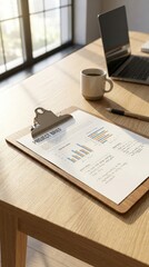 Obraz premium Clipboard with business charts on a modern office desk, analytics, corporate planning, productivity, professional workflow.