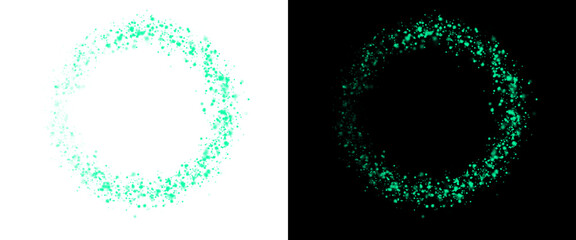 Glowing teal glitter circle frame on white and black backgrounds, sparkling emerald dust ring, abstract magic particle border for festive design © AMS Studio