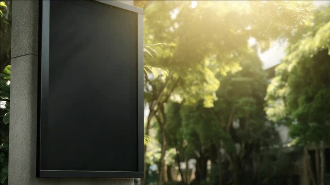 A blurred sign in a park with trees and sunlight.