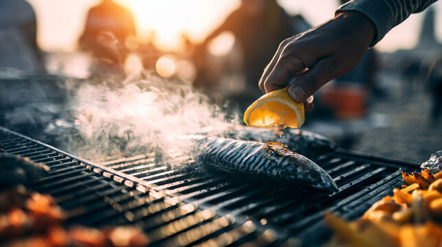 A mackerel grilling on a hotplate, a slice of lemon being squeezed over it.
