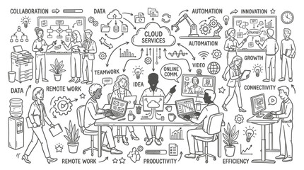 Obraz premium Business people working together in a collaborative office environment with cloud services and data concepts.