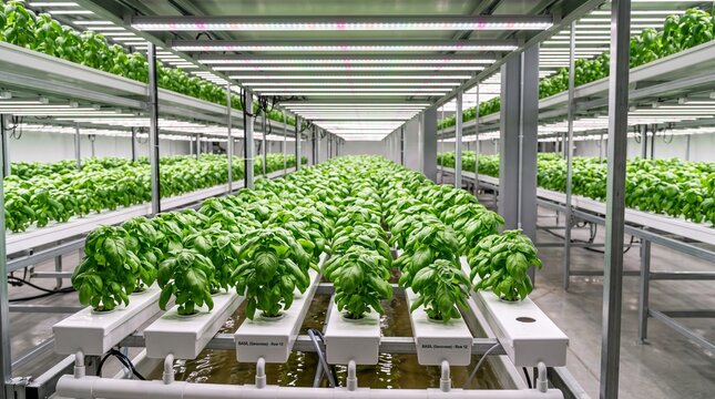 Fresh Basil Growing in Modern Hydroponic Vertical Farm with LED Lights for Sustainable Indoor Agriculture