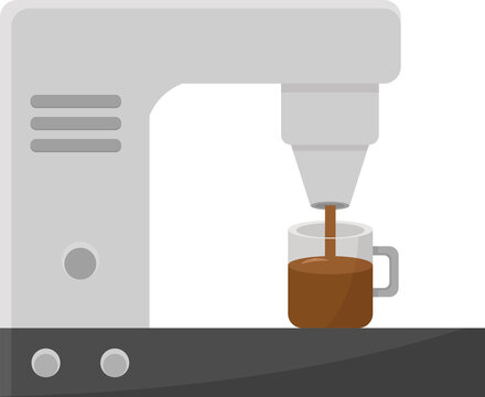 Modern drip coffee maker brewing hot beverage into glass mug, simple kitchen appliance illustration.