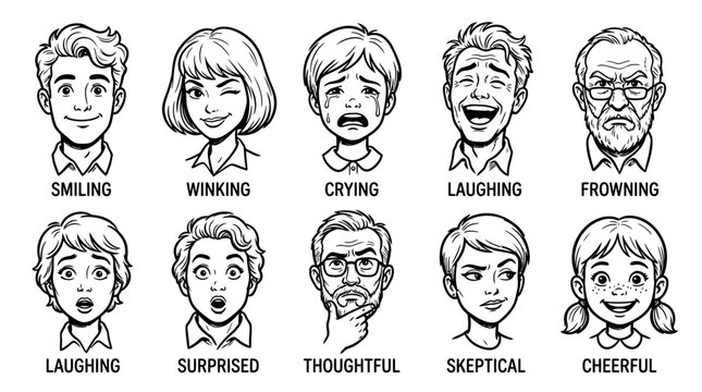 Diverse Human Emotions Illustrated in Black and White Line Art.