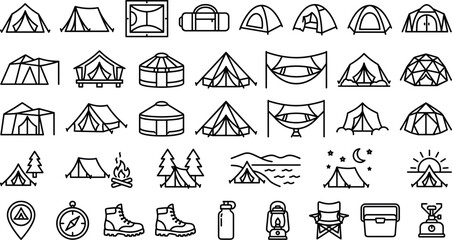 Minimalist camping tent and glamping line icon set featuring dome tents yurts teepees hammocks boots compass campfires lanterns and outdoor gear © MstYasmin