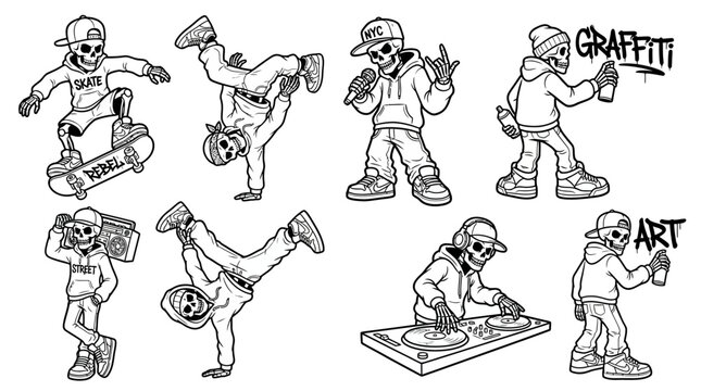 Set of skeleton characters in various hip hop and skateboarding poses.