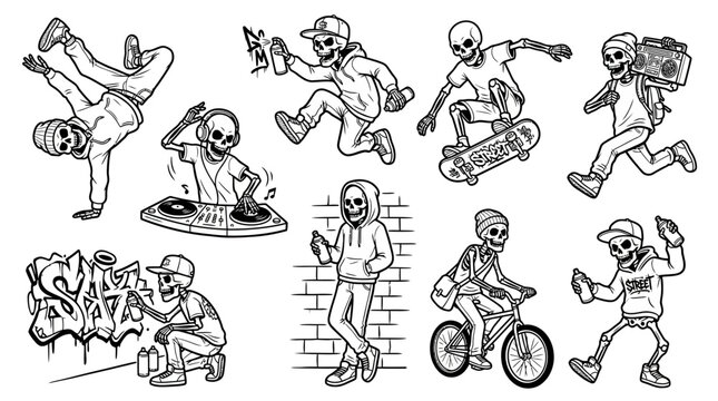 Set of skeleton characters engaging in various urban street activities.