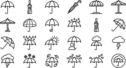 Umbrella line icons set featuring weather conditions rain storm sun snow beach parasol protection and climate concepts isolated on white background © MstYasmin