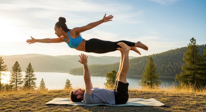 Couple Practicing Acro Yoga on Hilltop Overlooking Lake at Sunset.