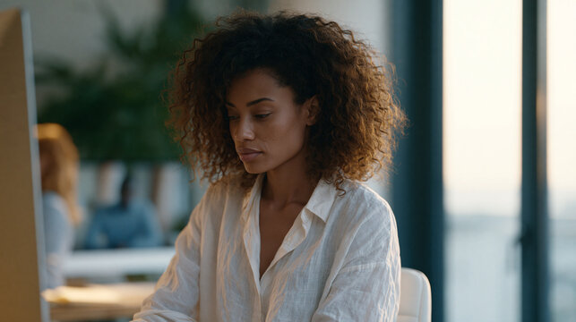 Ghanaian occupational therapist demonstrating proper posture adjustments at a standing desk during a remote consultation, client visible on screen behind her, capturing ergonomic