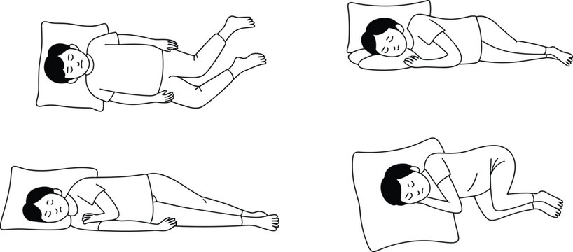 Vector line art illustration set of a young man sleeping in various positions like back side and fetal on pillow