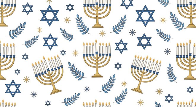 Hanukkah seamless pattern stars of david menorahs and festive botanical elements