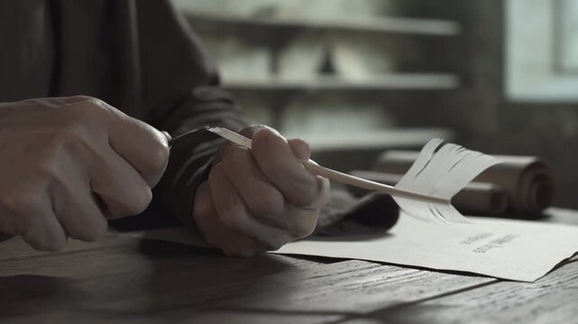 Monastic scribe with a penknife sharpening a white feather pen and testing the sharp quill tip with a finger on a rough wooden table next to scrolls, inside a medieval scriptorium