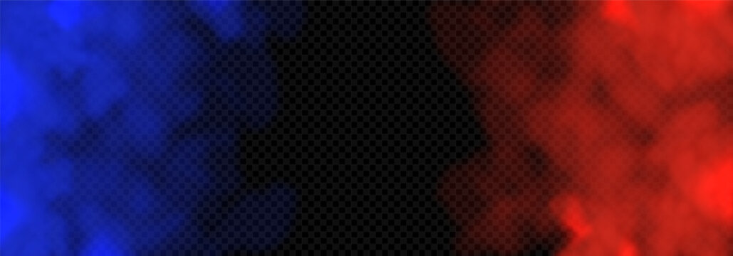 Blue and red glowing smoke for box fight banner. Vector illustration with colored neon steam for versus background design of two gamers, fighters, teams. Realistic haze or fog.