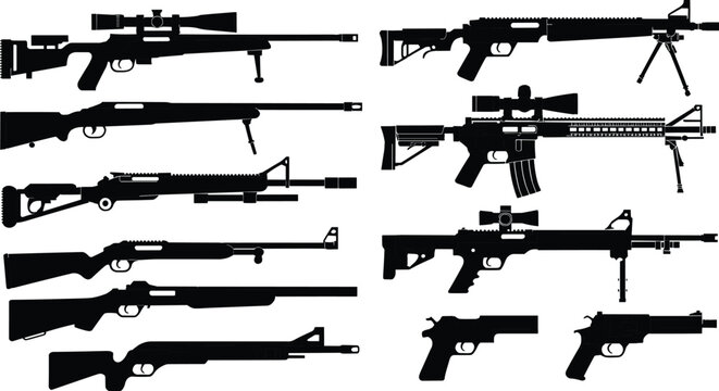 Vector silhouette set of modern firearms including sniper rifles, assault rifles, tactical shotguns, and handguns for military and gaming design