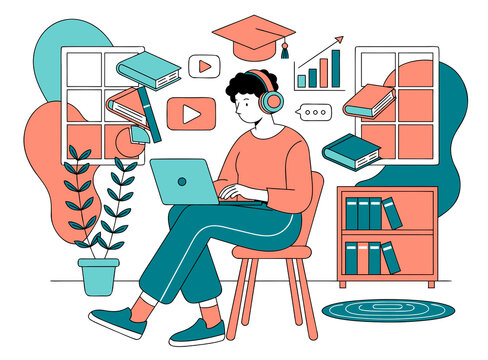 Student studying with laptop headphones and books illustration