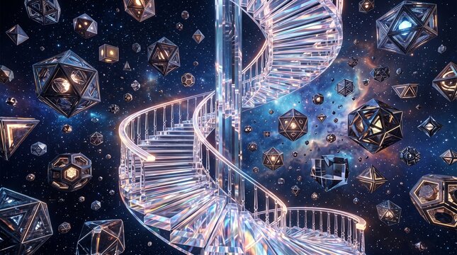 Glowing DNA double helix, spiral staircase, futuristic molecular structure, neon lit scientific illustration