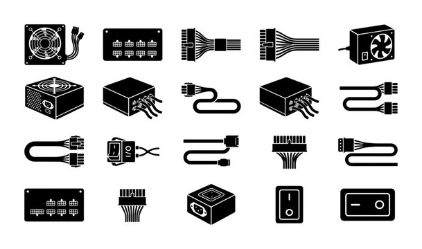 Computer power supply unit icons, 20 black vector elements of PSU hardware and cables, desktop PC component symbols for technical diagrams