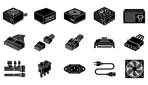 Computer power supply unit icons, 15 black vector elements of PSU hardware components, PC electrical parts and cable connectors set