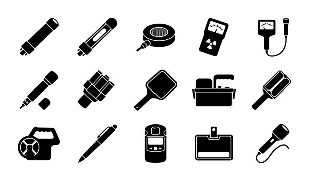Radiation detection equipment icons set, 15 black solid vector symbols of geiger counters and dosimeters, nuclear safety measurement tools