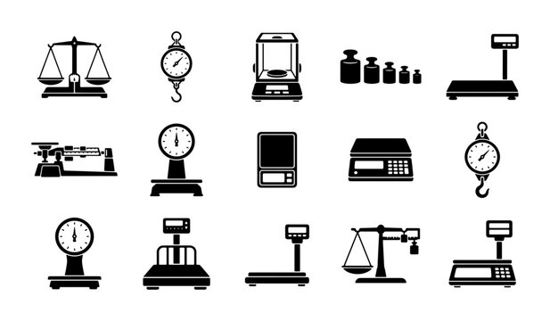 Black weighing scale icons set, 15 industrial and commercial measurement tools, digital and analog balance equipment vector collection