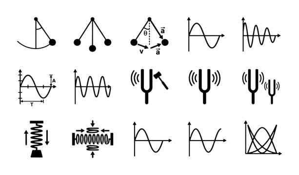 Physics oscillation icons set, 15 black vector symbols of pendulum motion and wave frequency, scientific vibration and resonance diagrams for education