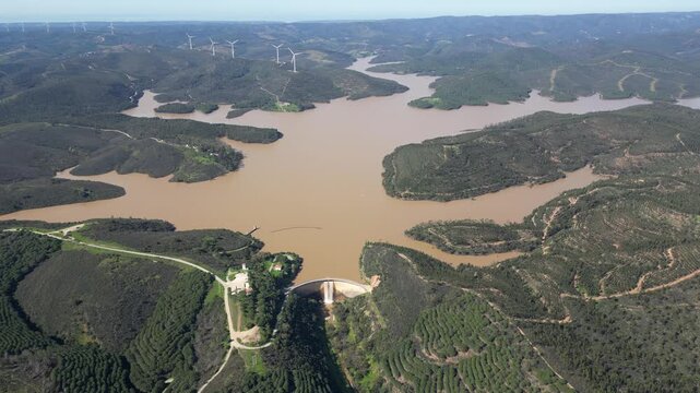 Drone View of Bravura Dam Reservoir in Western Algarve Portugal Surrounded by Natural Landscape
