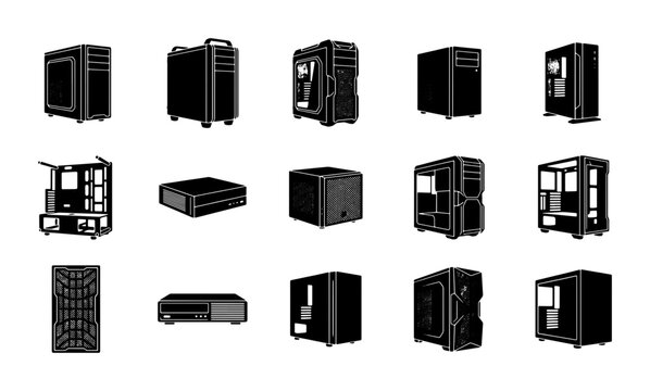Black desktop computer case icons, set of 15 gaming PC chassis vectors, minimalist workstation tower silhouettes for hardware building and tech design