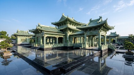 Obraz premium Asian temple, Chinese architecture, green roof, serene landscape, reflection pool