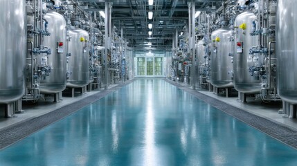 Fototapeta premium Modern Industrial Interior of a Large Factory Featuring Metallic Tanks and Advanced Machinery Under Bright Ceiling Lights for Stock Photo Use